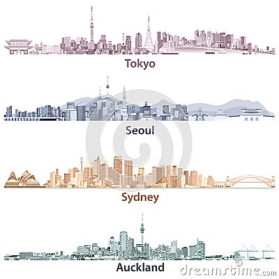 Abstract illustrations of Tokyo, Seoul, Sydney and Auckland skylines at night in different colorful palettes Vector Illustration