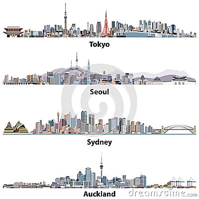 Abstract illustrations of Tokyo, Seoul, Sydney and Auckland skylines. Vector Illustration