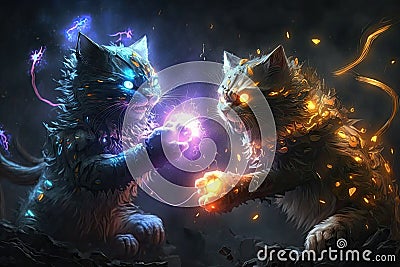 Abstract art in two young cat fighting with laser powerful spotlight coloring. Stock Photo