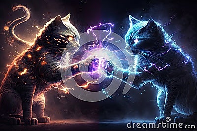 Abstract art in two young cat fighting with laser powerful spotlight coloring. Stock Photo