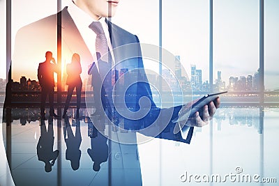 Abstract image of businessman using smartphone in modern office interior with panoramic city view, businesspeople and mock up Stock Photo