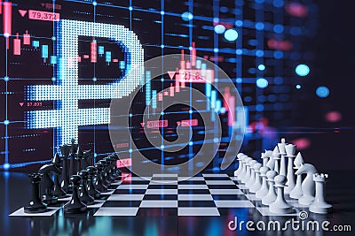 Abstract image with chessboard and falling digital ruble forex chart on blue background. Strategy, politics and finance concept. Stock Photo