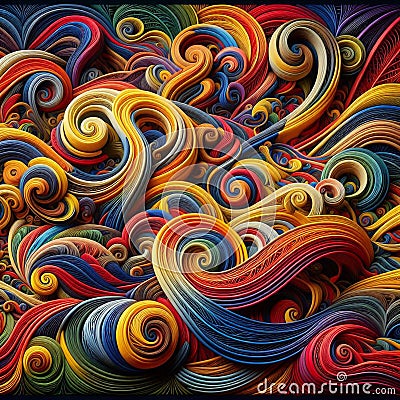 An abstract image of a colorful, intricate design made from paper strips, creating a swirling and dynamic pattern. Stock Photo