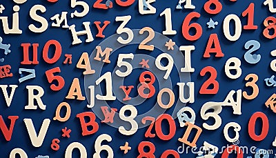 Abstract image of colorful, wooden letters and numbers on a blue background, creating a random pattern. Vector Illustration