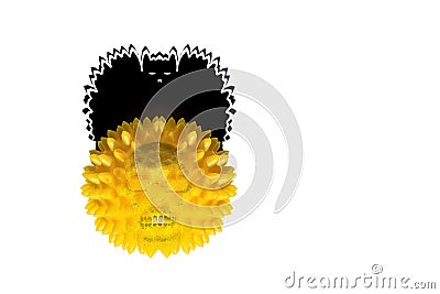 Abstract image of coronavirus. A yellow ball with the silhouette of a skull and a crown in the form of a bat. Stock Photo