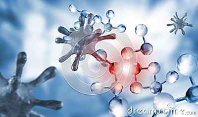 Abstract image of coronaviruses on the background of a stylized image of the DNA chain Cartoon Illustration