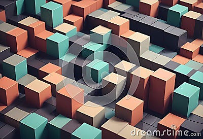 Abstract image of a 3D surface made of multiple cubes in different colors. The cubes are arranged in a dynamic and Vector Illustration