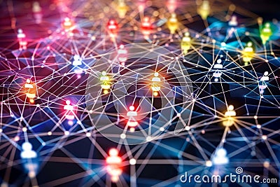 Abstract image depicting a colorful network of interconnected nodes symbolizing internet and social connections Cartoon Illustration