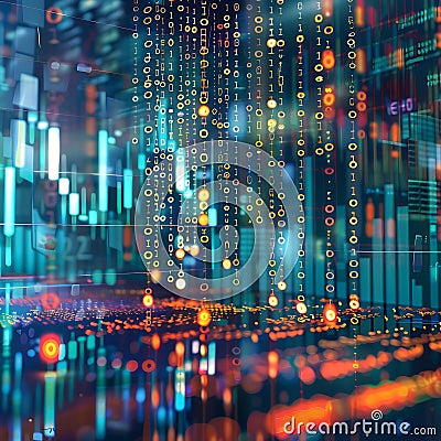 Digital Finance Data Streams, Binary Code, Market Trends Visualization Stock Photo