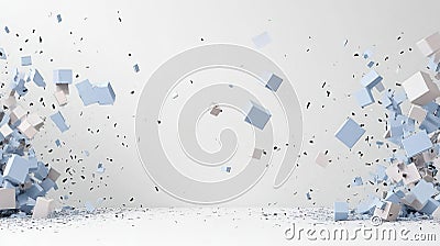 Abstract image of exploding cubes in soft colors against a minimalist background Stock Photo