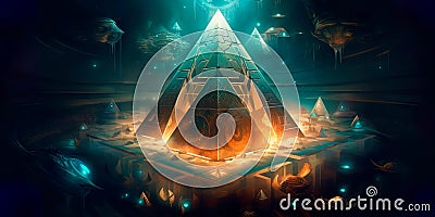 abstract image featuring a glowing, multidimensional pyramid surrounded by floating symbols and hieroglyphs.Generative Stock Photo
