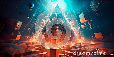 abstract image featuring a glowing, multidimensional pyramid surrounded by floating symbols and hieroglyphs.Generative Stock Photo