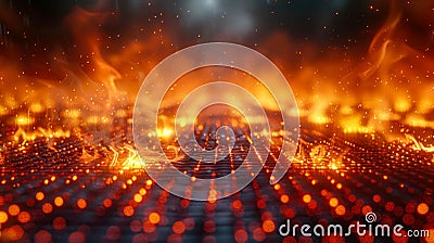 Abstract image of a fiery glowing hexagonal grid pattern. Warm, bright colors with bokeh effects. Futuristic technology Stock Photo