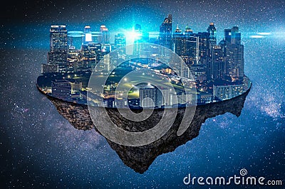The abstract image of the futuristic cityscape island or the space colony on another space, the concept of future, fantasy, constr Stock Photo