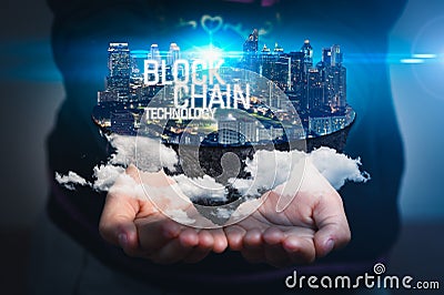 The abstract image of the girl hold the blockchain hologram on hand and element of this image furnished by Nasa. the concept of cr Stock Photo