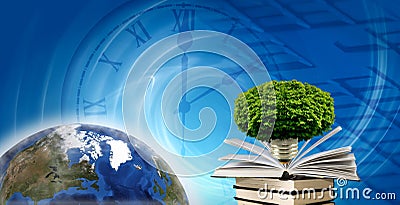 An abstract image of a globe and an open book along with a tree crown with a light bulb base attached to it, forming a hybrid of a Stock Photo
