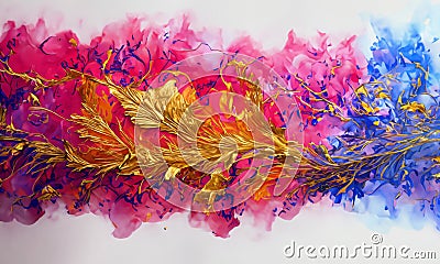 An abstract image of a gold splash chaos on a colourful background Stock Photo