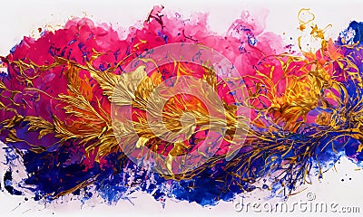 An abstract image of a gold splash chaos on a colourful background Stock Photo