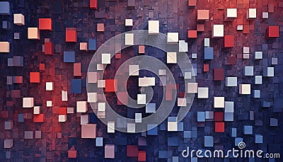Abstract image of a grid of colorful cubes against a blue and red background. The cubes are arranged in a random pattern Vector Illustration