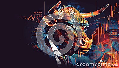 abstract image of investor bull against the background of quotations, stock market concept, bulls and bears Stock Photo