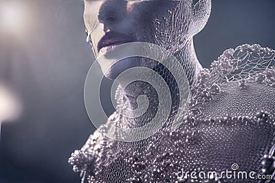 Abstract image of the lower part of a face with a net overlay giving an alien impression resembling an insect, made with Stock Photo