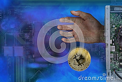 Abstract image of mining of bitcoins ,the computer hand gives bitcoin. Stock Photo