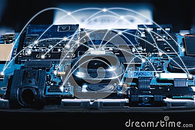 The abstract image of the motherboard illumination inside a smartphone overlay with networking line. Stock Photo