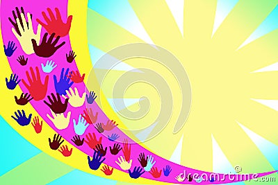 Abstract image with multicolored hands on a background of yellow and purple stripes. Stock Photo