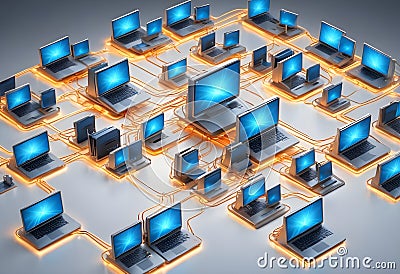 Abstract image of a network of computers connected by wires. The image is rendered in a 3D style. Vector Illustration