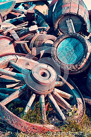 Abstract image with old wooden barrels of alcohol and wheels from the cart Stock Photo