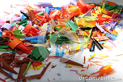 Detail of an abstract image of a pile or heap of colored shavings or remains of colored pencils Stock Photo