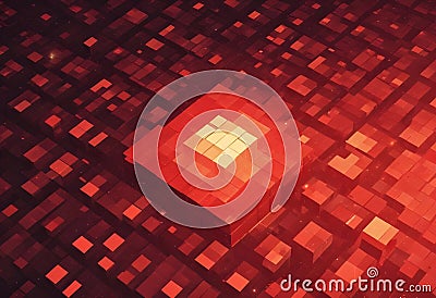 Abstract image of a red, glowing cube, surrounded by smaller red cubes. The image creates a sense of depth and Vector Illustration