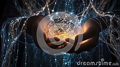 An abstract image representing intuition as a hand holding glowing threads that connect different spheres of life Stock Photo