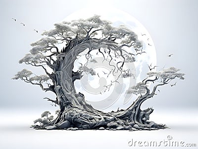 An abstract image of silhouette of bonsai tree curved along the edge of the moon. Generative AI Stock Photo
