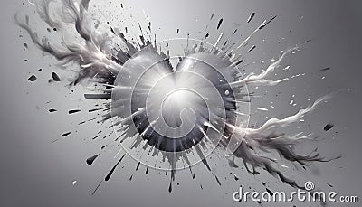 Abstract image of a silver heart exploding into a burst of light and particles. The scene is dramatic and dynamic Vector Illustration