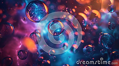 Abstract image of soap bubbles from the bubble blower in dark. Stock Photo