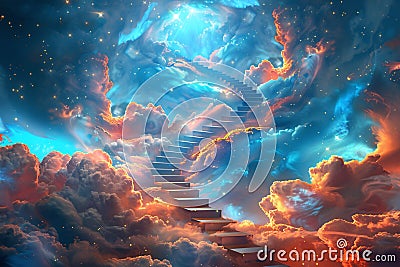 Abstract image of staircase twisting into the sky, merging with clouds and stars, representing the journey to unknown realms of Stock Photo