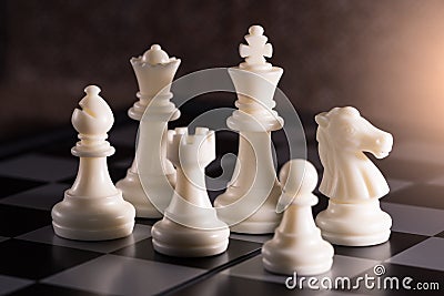 The abstract image of the Staunton chess set such as king, bishop, queen, knight, rook, pawn placed on chess board. Stock Photo