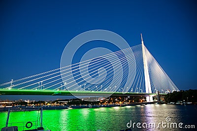 Abstract image - Suspension Bridge night lights. Dusk Skyline. Stock Photo