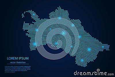 Abstract image Turkmenistan map from point blue and glowing stars on a dark background Vector Illustration