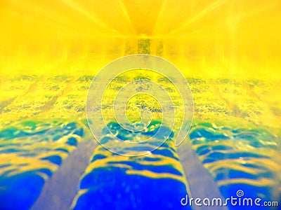 Abstract image of two fluids with different densities interacting with each other. Contains gold, blue colors, have perspective, Stock Photo