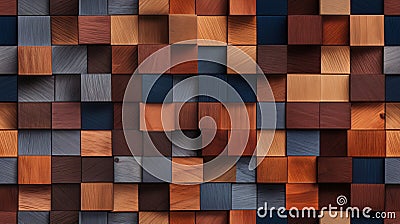 An abstract image of a wooden mosaic wall consisting of an array of colored cubes. Seamless backdrop. Generative AI Stock Photo