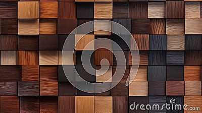 An abstract image of a wooden mosaic wall consisting of an array of colored cubes. Seamless backdrop. Generative AI Stock Photo