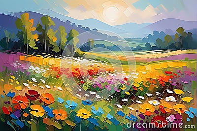 Abstract Impressionist Painting of a Field of Flowers - Broad Brushstrokes, Vibrant Palette Stock Photo