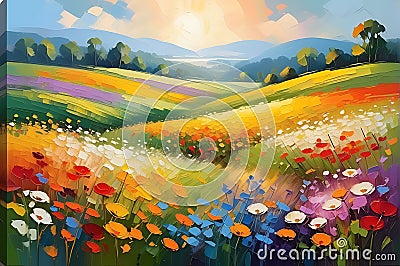 Abstract Impressionist Painting of a Field of Flowers - Broad Brushstrokes, Vibrant Palette Stock Photo