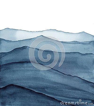 Abstract indigo blue watercolor waves mountains on white background Cartoon Illustration