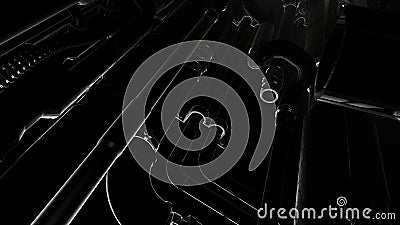 Abstract industrial dark background. Motion. Flying inside mechanism with metal details and tubes. Stock Photo