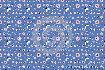 Abstract insects pattern vector on a blue background for book cover and gift cards. Seamless floral pattern decoration with bumble Vector Illustration