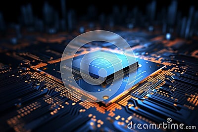 Abstract integration Circuit board blends with chip processor, creating a technology focused background Stock Photo