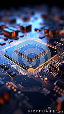 Abstract integration Circuit board blends with chip processor, creating a technology focused background Stock Photo